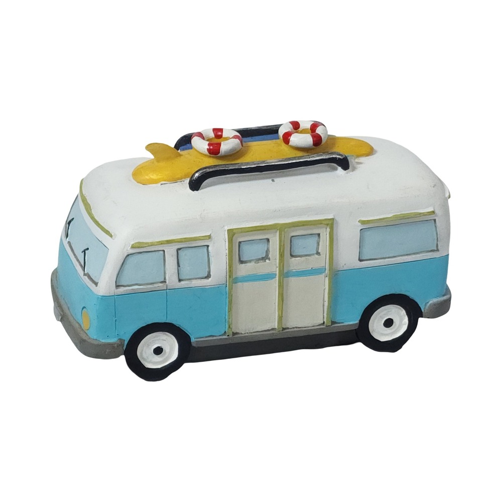 Blue‎ and White Resin Camper Van Figurine with Surfboard and Life Rings 4.5 inch